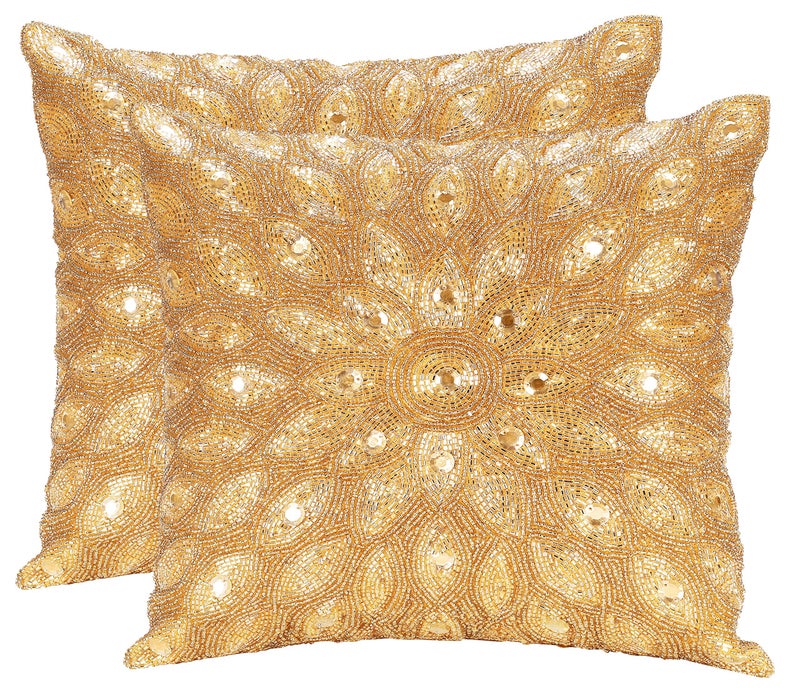Light & Pro Lightnpro Gold Hand-Beaded Pillow Cover - 12x12 Inch, Handmade by Skilled Artisans - A Beautiful and Elegant Decorative Accent for Couch, Sofa, and Bed - Cover Only (2 Pack) - Image 2